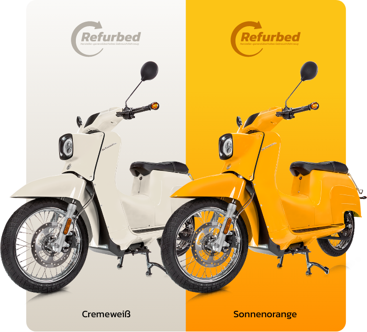 Weiße und orange eSchwalbe mit Refurbed-Banner